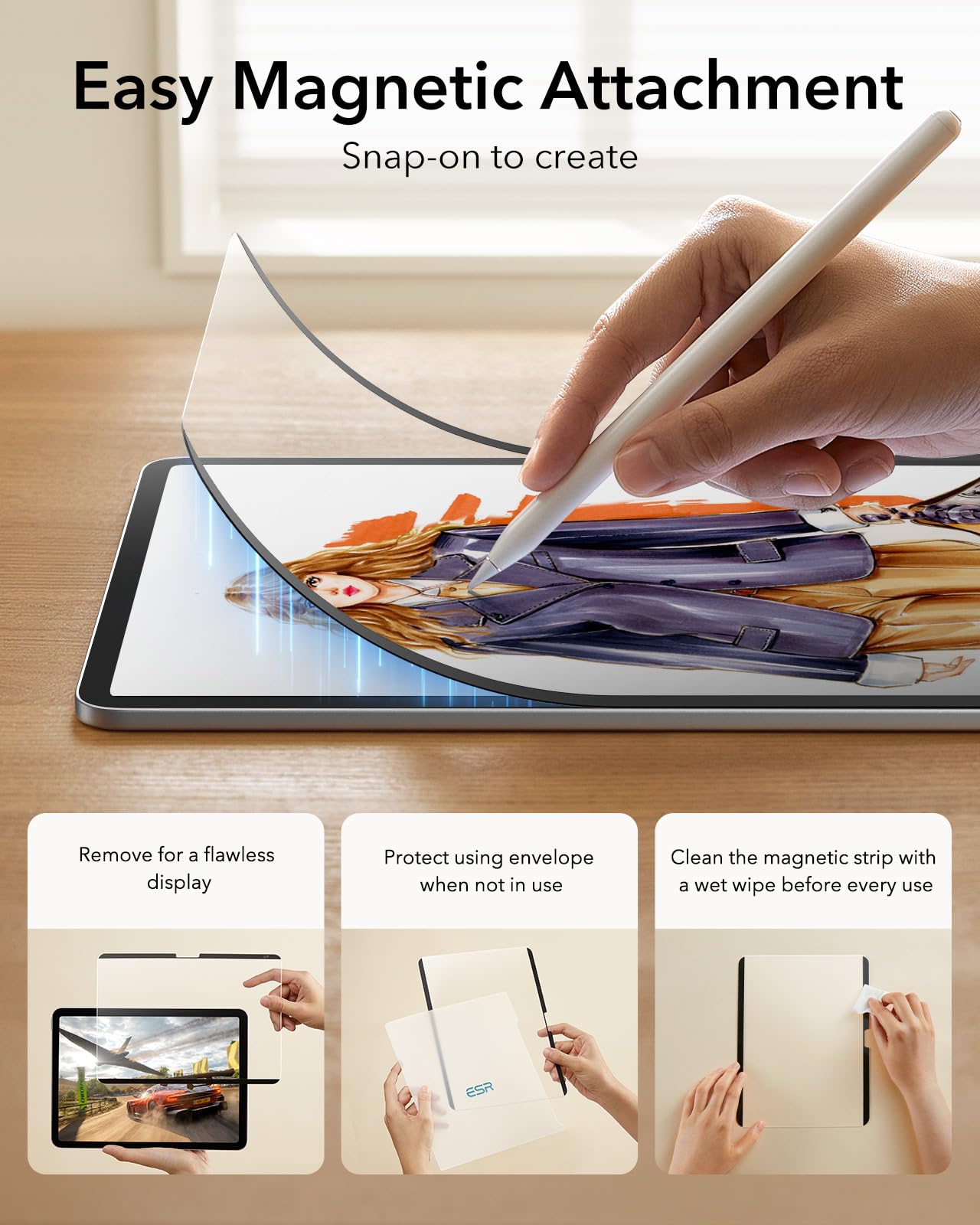 ESR Paper-Feel Magnetic Screen Protector for iPad Air 11 Inch M3/M2 (7th/6th Gen, 2025/2024), Write and Draw Like on Paper, Detachable and Reusable, Compatible with Tempered Film, Matte, Anti-Glare