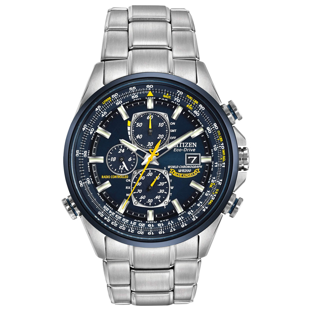 Citizen Men's Eco-Drive Sport Luxury World Chronograph Atomic Time Keeping Watch in Stainless Steel, Blue Dial (Model: AT8020-54L)