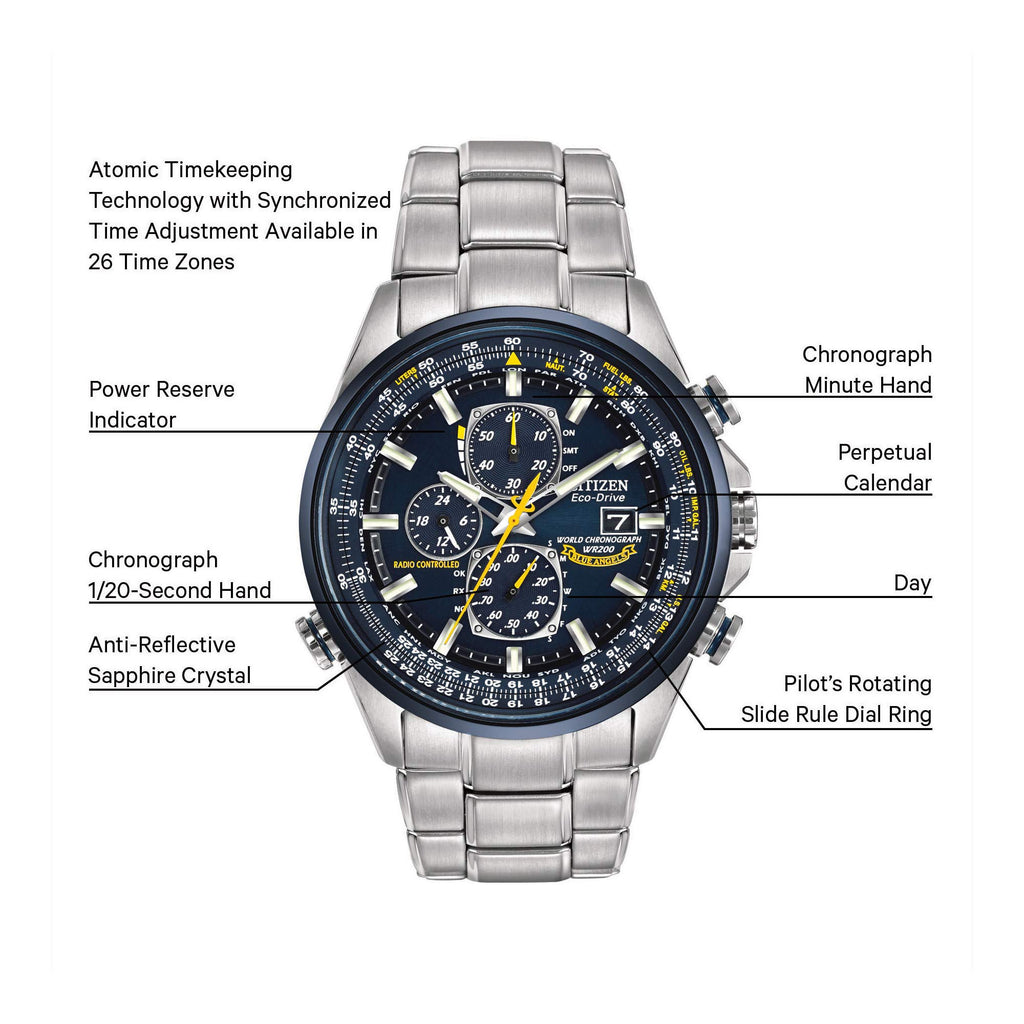 Citizen Men's Eco-Drive Sport Luxury World Chronograph Atomic Time Keeping Watch in Stainless Steel, Blue Dial (Model: AT8020-54L)