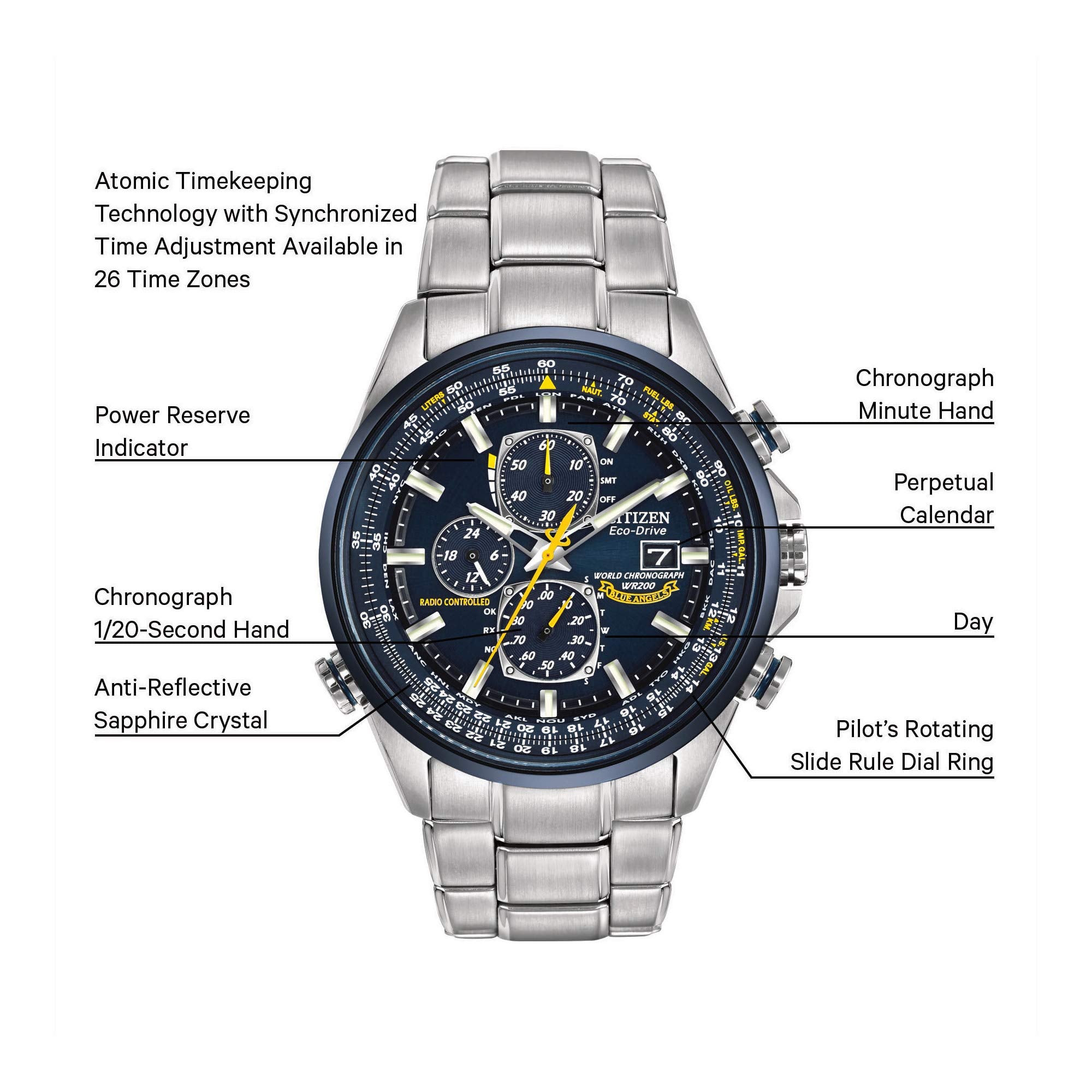 Citizen Men's Eco-Drive Sport Luxury World Chronograph Atomic Time Keeping Watch in Stainless Steel, Blue Dial (Model: AT8020-54L)